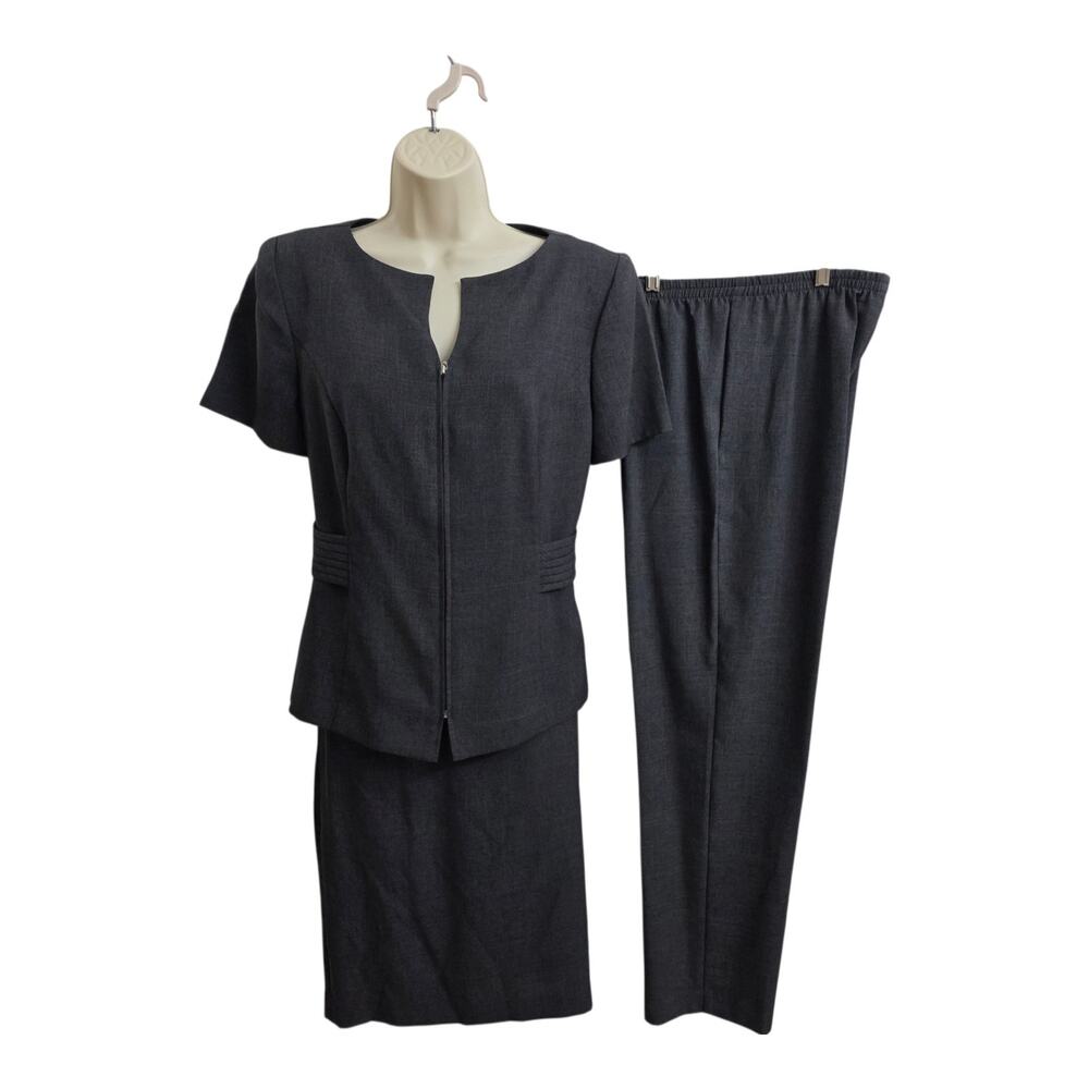 Kari’s Place Petite 3PC Suit Set Womens 8P Gray Skirt Pant Suit Career Wear